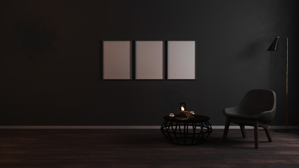空白垂直框架模拟豪华黑暗客厅室内背景与灰色扶手椅在夜间灯光，豪华客厅室内与空的图片框架，3d渲染图片下载