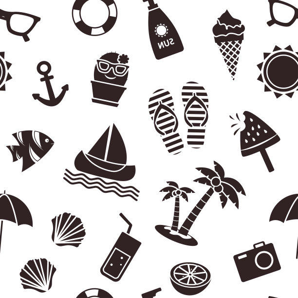 夏季无缝图案，黑色不同季节的物体孤立在白色背景上。向量图片下载