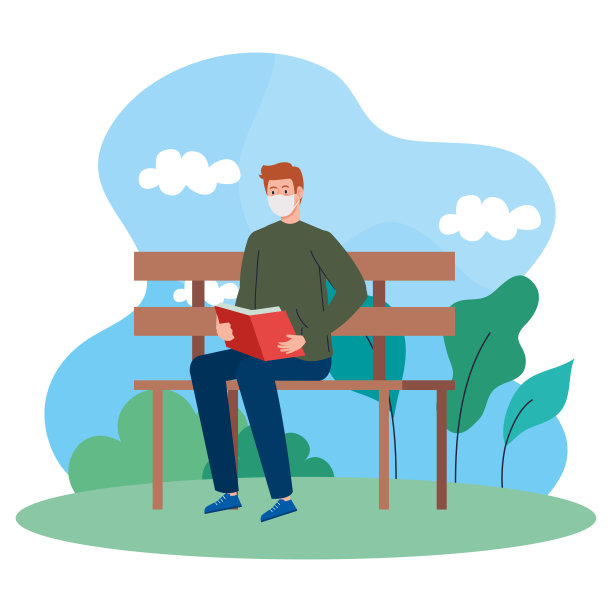 男子戴医用口罩看书，坐在公园椅上，预防冠状病毒感染图片下载