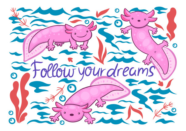 贺卡上有可爱的蝾螈和铭文追随你的梦想。矢量图形。图片下载