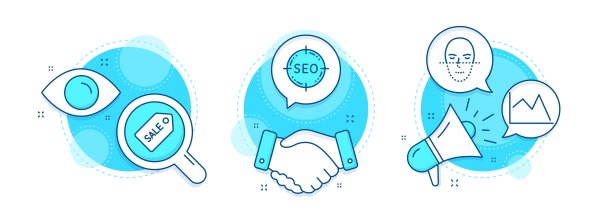 销售票，线形图和脸部识别图标集。Seo的迹象。向量图片下载