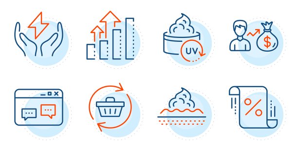 浏览器窗口，安全能源和分析图表图标设置。工资，紫外线防护和刷新车标志。向量图片下载