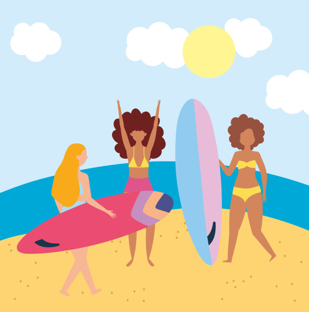 夏季人们的活动，女子团体带着冲浪板在海滩、海边放松和户外表演休闲图片下载