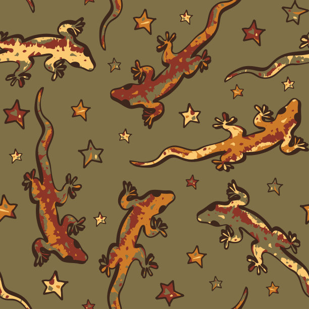 无缝矢量模式蜥蜴和星星在棕色的背景。非洲野生动物墙纸设计。有趣的壁虎时装纺织品。图片下载