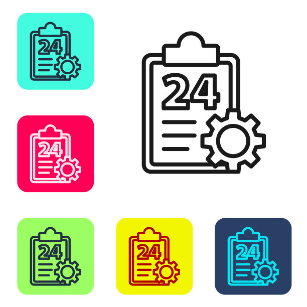 黑线检查表剪贴板与24小时服务图标隔离在白色背景上。设置图标的颜色方形按钮。矢量图图片下载