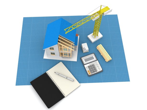 房子的3d渲染插图与开放的内部顶部。蓝图，文件，起重机和抵押贷款计算。图片下载