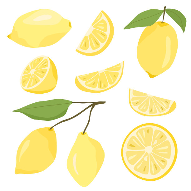一套矢量扁柠檬(整个和切片水果块)。矢量插图孤立在白色背景。图片下载