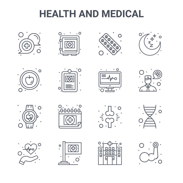 一组16个健康和医疗概念矢量线图标。64x64薄笔画图标，如救护车，苹果，医生，骨折，医疗，手臂，医院，报告，月亮图片下载