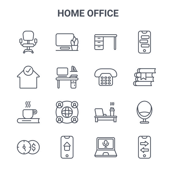 一套16个家庭办公概念矢量线图标。如电脑，家庭，书，桌子，电话，电话，笔记本电脑，电话，图片下载