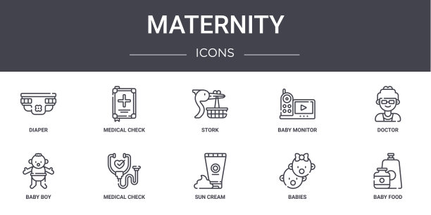 孕妇概念线图标集。包含图标，可用于web，徽标，ui/ux，如医疗检查，婴儿监视器，婴儿男孩，防晒霜，婴儿，婴儿食品，医生，鹳图片下载