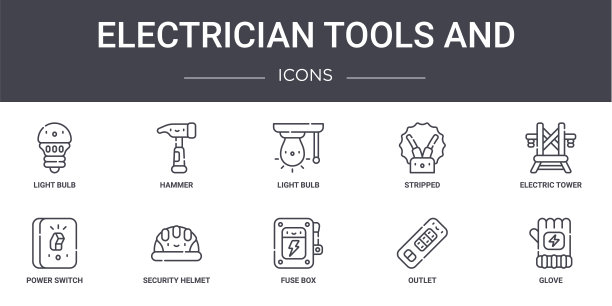 电工工具和概念线图标集。包含图标可用于web，标志，ui/ux，如锤子，剥离，电源开关，保险丝盒，插座，手套，电塔，灯泡图片下载