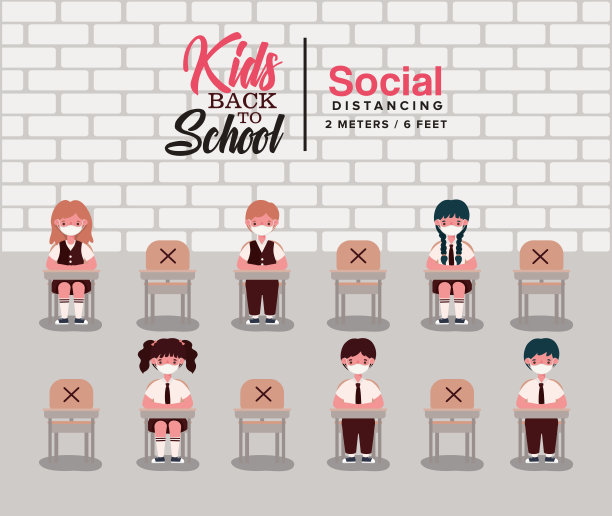 女孩和男孩孩子们穿着制服和医用口罩在办公桌矢量设计图片下载