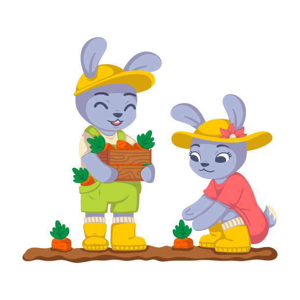 兔子正在花园里收割胡萝卜。兔子在菜园里干活。农业、园艺。矢量儿童插图孤立在白色背景。图片下载