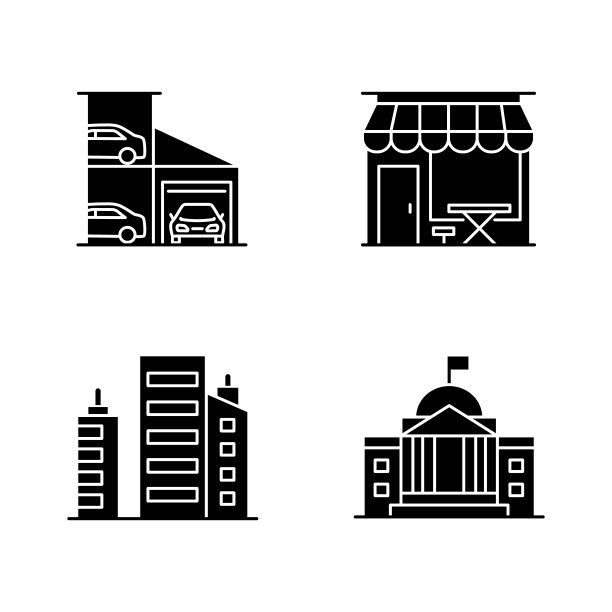 工业建筑黑色象形文字图标设置在白色空间图片下载