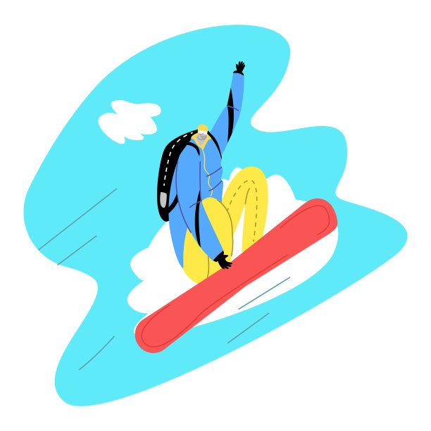 矢量平面插图快乐的人骑下山和在滑雪板上跳跃。图片下载