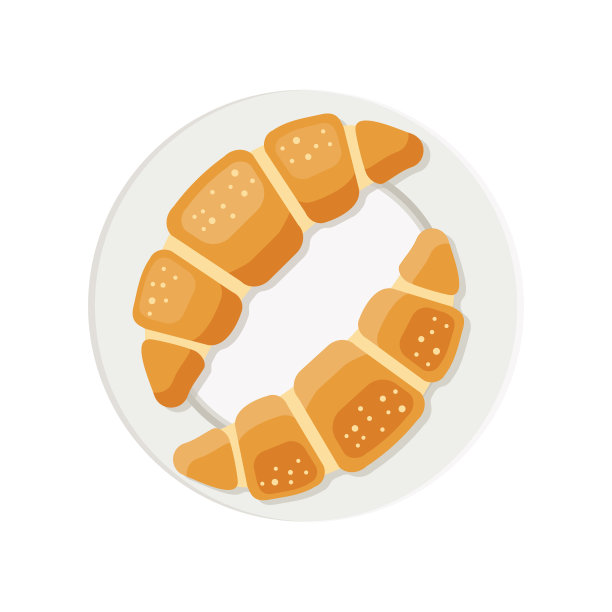 盘子里有两个羊角面包。矢量插图，平面风格。图片下载