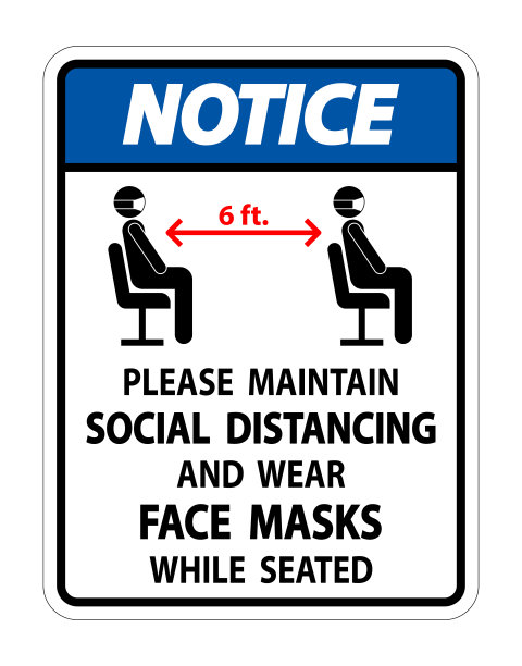 注意保持社交距离戴口罩标志白色背景图片下载