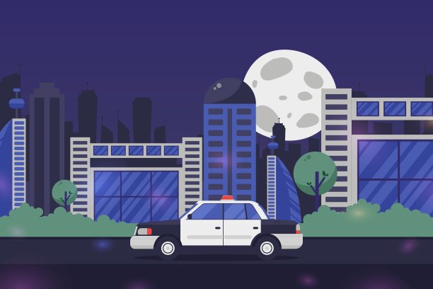 夜城保安警车，矢量图。提供打击犯罪的紧急服务，维持遵纪守法图片下载