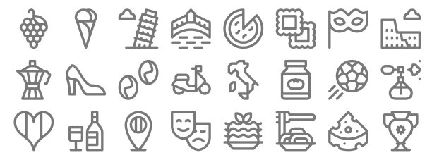 意大利行图标。线性集。品质矢量线集如花瓶，意大利面，剧场面具，意大利，足球，咖啡豆，体育馆，披萨，冰淇淋图片下载