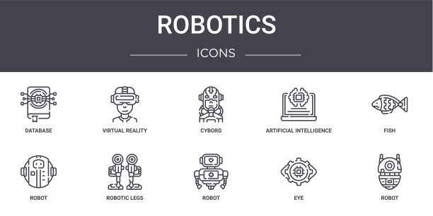 机器人概念线图标集。包含可用于web, logo, ui/ux的图标，如虚拟现实眼镜，人工智能，机器人，机器人，眼睛，机器人，鱼，半机械人图片下载