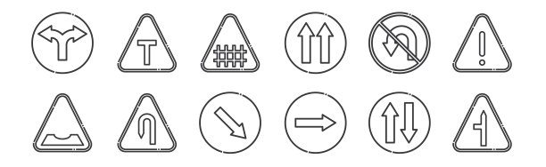 12组线性信号图标。细轮廓图标如t结点，右转，左发夹，不转弯，栅栏，t结点为网页，移动。图片下载