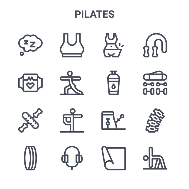 集16普拉提概念向量线图标。顶部、智能手表、配件、普拉提椅、耳机、瑜伽、瑜伽垫、水瓶、跳绳等图标图片下载