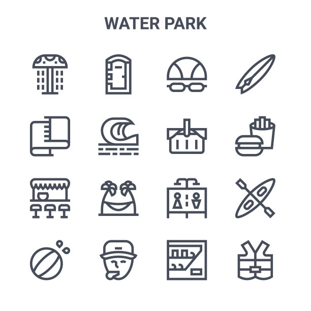 一套16水上公园概念向量线图标。便携式厕所、毛巾、快餐、淋浴器、救生衣、自动贩卖机、野餐篮、冲浪板等图标图片下载