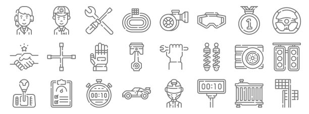 赛车线图标。线性集。质量矢量线设置，如终点旗，计时器，赛车，变速杆，轮胎，手套，方向盘，涡轮，机械师图片下载