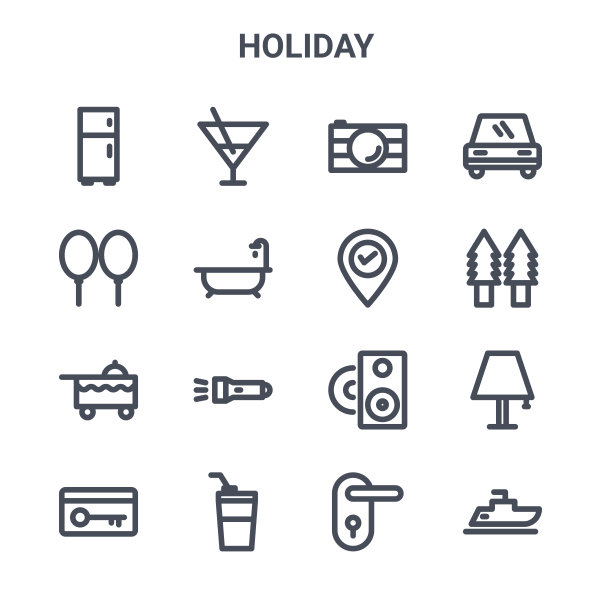 一套16假日概念矢量线图标。64x64细描图标，如饮料，气球，树，声音，咖啡杯，船，门把手，GPS导航，汽车图片下载