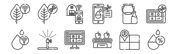 12套线性智能农场图标。细轮廓图标，如湿度，传送带，浇水，牛奶，智能农场，DNA网络，移动。图片下载