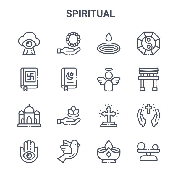 一组16精神概念向量线图标。64x64细笔画如念珠，吠陀经，牌坊，十字，鸽子，平衡，蜡烛，天使，道教图片下载
