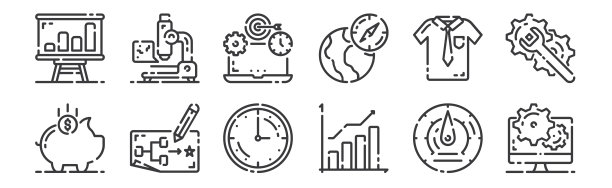 12组线性启动图标。细轮廓图标，如seo，成长，规划，衬衫，笔记本电脑，显微镜为网络，移动。图片下载