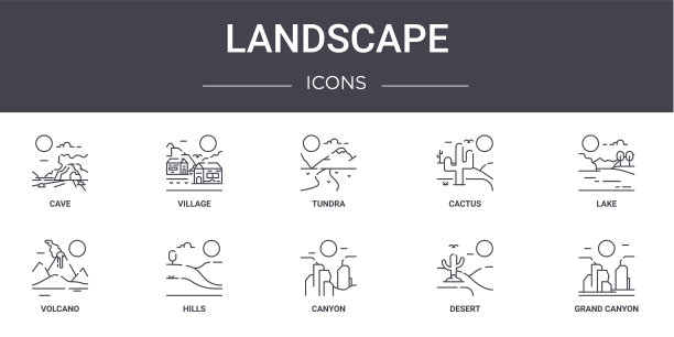 景观概念线图标集。包含图标可用的web，标志，ui/ux，如村庄，仙人掌，火山，峡谷，沙漠，大峡谷，湖泊，苔原图片下载