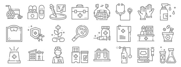 医疗服务线图标。线性集。质量矢量线集科研、氧气管、药品、警报器、接待员、胶囊、抗菌剂、除颤器、石膏等图片下载