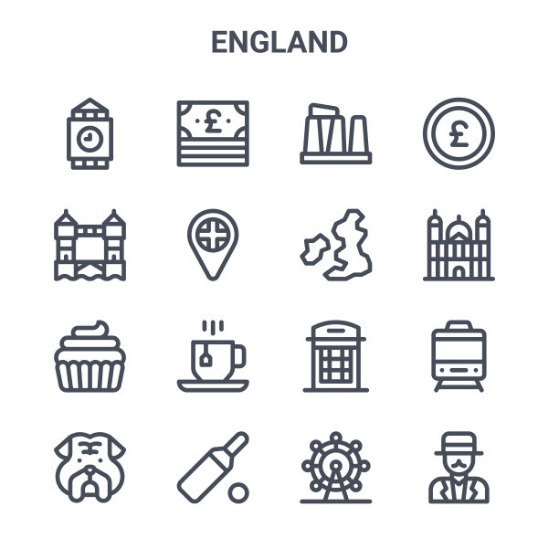 一组16英格兰概念向量线图标。64x64细笔画如钱币、塔桥、大教堂、电话亭、板球、绅士、摩天轮、英国、英镑图片下载