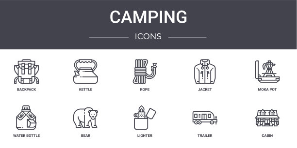 露营概念线图标集。包含可用于web, logo, ui/ux的图标，如水壶，夹克，水瓶，打火机，拖车，小屋，moka壶，绳子图片下载