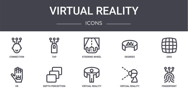 虚拟现实概念线图标集。包含图标可用的web，徽标，ui/ux，如点击，度，vr，虚拟现实，虚拟现实眼镜，指纹，网格，方向盘图片下载