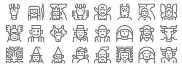 神奇的人物线条图标。线性集。质量矢量线集如恶魔、美杜莎、忍者、海妖、阿芙罗狄忒、地狱犬、仙女、巨魔、宙斯图片下载