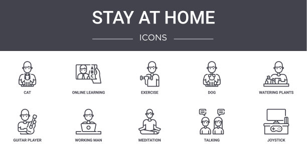 呆在家里概念线图标集。包含图标可用的网页，标志，用户界面/ux，如在线学习，狗，吉它手，冥想，谈话，操纵杆，浇水植物，锻炼图片下载