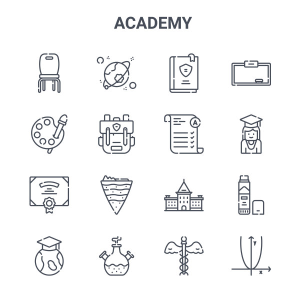 一组16学院概念向量线图标。64x64细描宇宙学、艺术、学生、学院、化学、代数、医学、考试、白板等图标图片下载