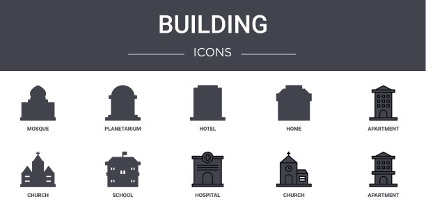 建筑概念线图标集。包含图标，可用于web，徽标，ui/ux，如天文馆，家庭，教堂，医院，教堂，公寓，公寓，酒店图片下载