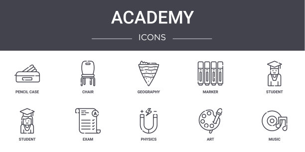 学院概念线图标集。包含可用于web, logo, ui/ux如椅子，标记，学生，物理，艺术，音乐，学生，地理的图标图片下载