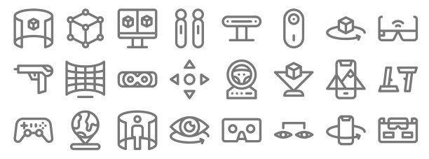 虚拟现实线图标。线性集。质量矢量线集如vr眼镜，连接，视图，手柄，ar, vr眼镜，vr眼镜，摄像头，d立方图片下载