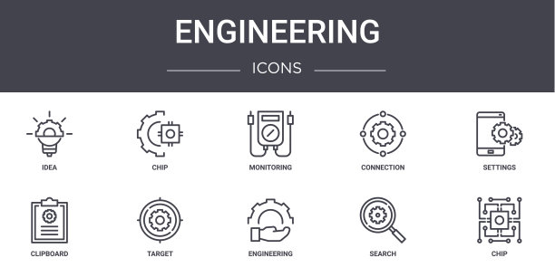 工程概念线图标集。包含可用于web, logo, ui/ux的图标，如芯片，连接，剪贴板，工程，搜索，芯片，设置，监控图片下载