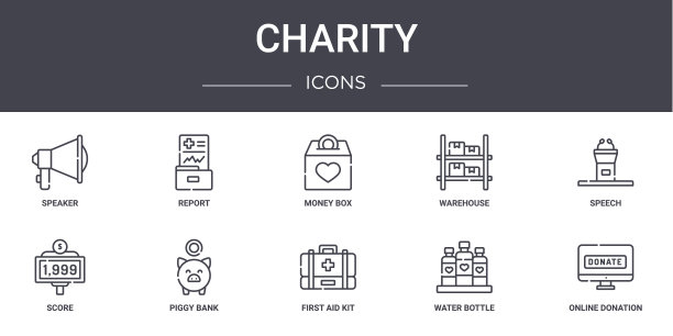 慈善概念线图标集。包含图标可用的web，标志，ui/ux，如报告，仓库，分数，急救箱，水瓶，在线捐赠，演讲，捐款箱图片下载