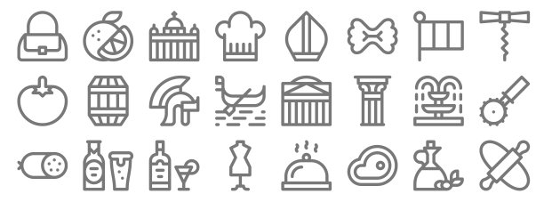意大利行图标。线性集。品质矢量线集如擀面杖、牛排、人体模型、意大利香肠、喷泉、罗马头盔、开瓶器、教皇、橘色等图片下载