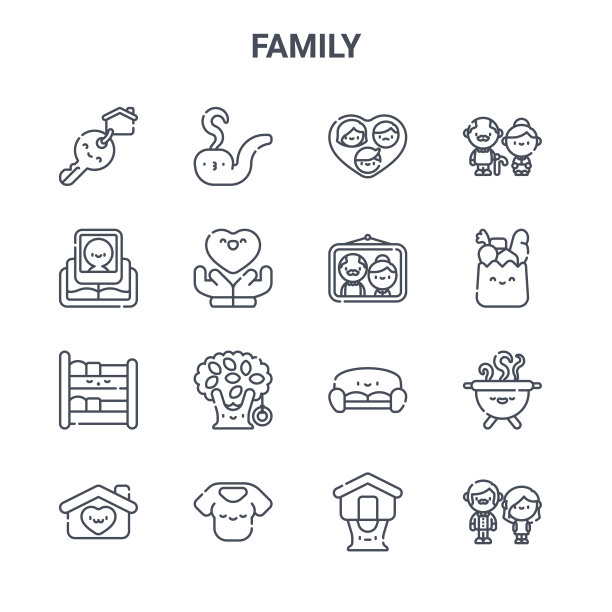 一组16家庭概念向量线图标。管子、相册、杂货、沙发、妈妈、夫妇、树屋、祖父母、祖父母等图标图片下载