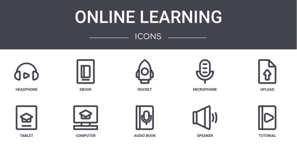 在线学习概念线图标集。包含图标，可用于web, logo, ui/ux，如电子书，麦克风，平板电脑，有声书，扬声器，教程，上传，火箭图片下载