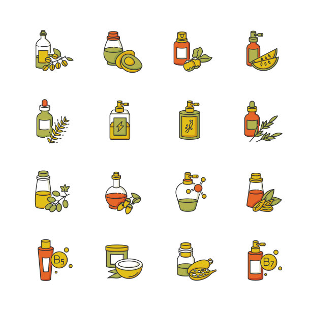 头发油RGB颜色图标集。水解小麦蛋白化妆品。护发用杏仁精华。营养摩洛哥坚果油。天然护发的有机美容产品。孤立的矢量插图图片下载