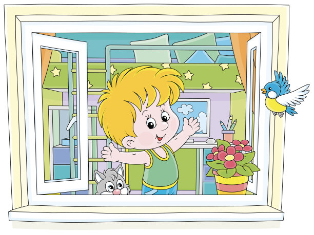 小男孩在窗前做早操图片下载